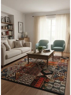 Bellino 4411 Siyah Renkli Kilim Patchwork Halı 120X180