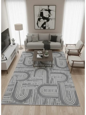 Veseo Armoni 40103A Açık Gri Halı 200X290 | Kavisli Labirent Gri Modern Halı