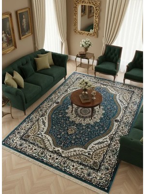 Asar Yün Ipek H4158A Mavi Madalyonlu Klasik Halı 200X290