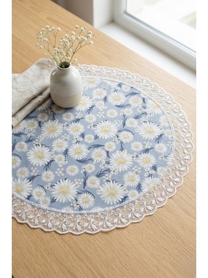 Rona Home Dekoratif Yuvarlak Runner Papatya Desenli Fransız Güpürlü Masa ve Konsol Örtüsü 60 cm Çap