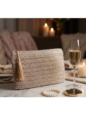 My Balli Store Makrome Ipten El Örgüsü Bej Püsküllü Clutch Çanta
