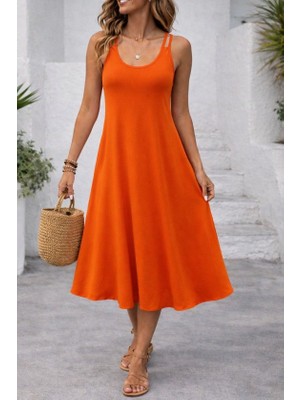 Flamex Kadın Askılı Yuvarlak Yakalı Kiloş Uzun Viskon Elbise