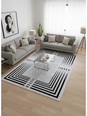 Bellino 4668 Beyaz Siyah Çok Katmanlı Bordürlü Halı 120X180