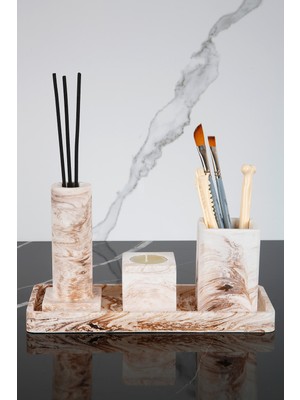 PremiumPort Mermer Desenli 4 Parça Banyo Seti: Diş Fırçalık, Tütsülük, Mumluk, Tepsi