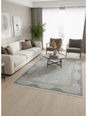 Asaryün Moda H4864 Mavi Gri Arabesk Madalyon Salon Halısı 150X233 — Klasik Saçaklı