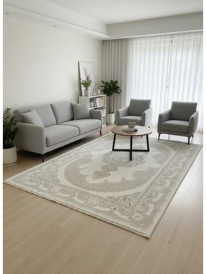 Asaryün Moda H7045 Bej Krem Oval Madalyon Klasik Salon Halısı 150X233 — Çiçekli Bordür