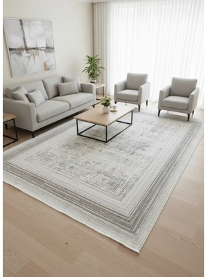 Stil 02154F Vizon Halı 200X290 | Vintage Çerçeveli Eskitme Desenli Halı