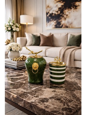 Handanca Dekoratif Obje Aslanlı Şah Küp Yeşil Mermer Silindir Yeşil Zebra Gold - Feray Home