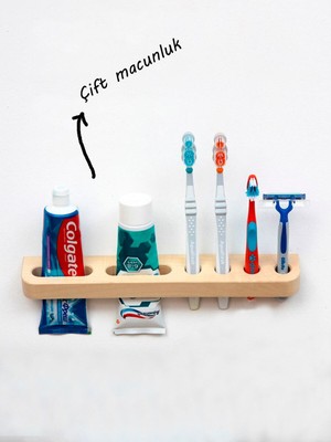 PremiumPort Ahşap Diş Fırçalık, 2 Macunluk ve 4 Fırçalık, Duvara Asılabilir