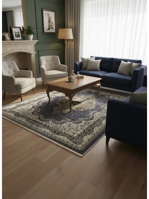 Hereke Klasik 7563F Koyu Gri Krem Lale Madalyonlu Halı 160X230