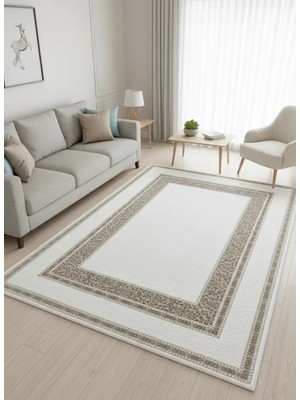 Çapan Armoni H6893A Beyaz Vizon Arabesk Çerçeveli Salon Halısı 160X230 — Flosh Peluş Lüks
