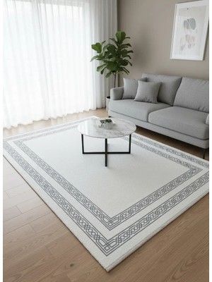 Çapan Armoni H6477A Beyaz Gri Zincir Çerçeveli Sade Salon Halısı 160X230 — Minimal Saçaklı