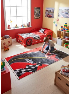 Bellino 5446 Kırmızı Siyah Formula Yarış Bayraklı Halı 80X150