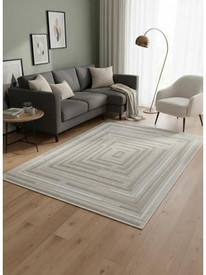 Excellence Narbe NB02 Krem Bej Spiral Labirent Salon Halısı 150X220 — Iç Içe Çerçeve Saçaklı