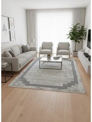 Stil 06304A Mavi Halı 200X290 | Geometrik Çerçeveli Eskitme Halı