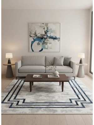 Çapan Armoni H5598B Beyaz Lacivert Çerçeveli Soyut Salon Halısı 160X230 — Flosh Peluş