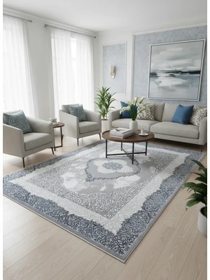 Çapan Armoni H6296A Beyaz Gri Mavi Klasik Madalyon Salon Halısı 160X230 — Osmanlı Saçaklı