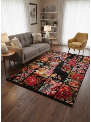 Bellino 4473 Siyah Zemin Renkli Gül Patchwork Halı 120X180