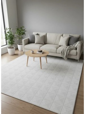 Asaryün Moda H6968 Beyaz Iç Içe Kare Geometrik Salon Halısı 150X233 — Ton-On-Ton Kabartma