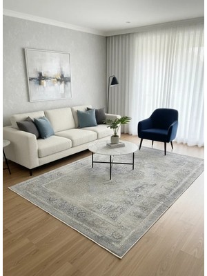 Asaryün Moda H4886 Mavi Gri Çiçekli Klasik Madalyon Salon Halısı 150X233 — Eskitme Saçaklı