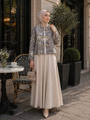 Esra Butik Bej Jakarlı Bağlama Detaylı Dabıl Kumaş Etekli Tesettür Ikili Takım