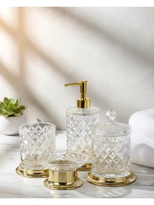 PremiumPort Parlak Kristal Serisi Cam Banyo Seti 4'lü, Şık ve Modern Tasarım