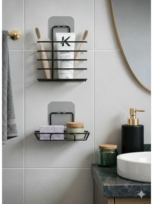 PremiumPort Yapışkanlı Siyah Diş Fırçalık ve Katı Sabunluk 2'li Banyo Düzenleyici