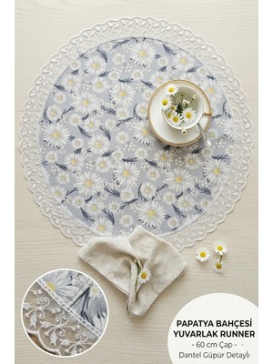 Rona Home Yuvarlak Runner 60 cm Masa Örtüsü Dekoratif Papatyalı Ranır Çok Amaçlı Şık Örtü