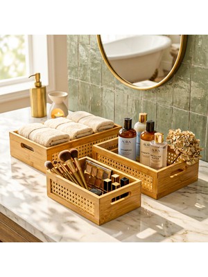 Snippy Deco Büyük - 3'lü Bambu Sepet Çok Amaçlı Düzenleyici Banyo Mutfak Sepeti Organizeri Banyo Seti