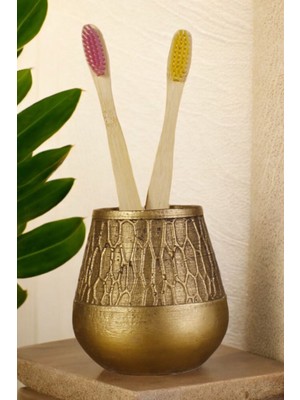 PremiumPort Altın Eskitme Renkli Diş Fırçası Kabı ve Fırçalık Seti