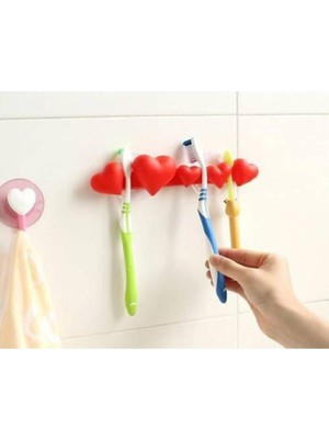PremiumPort Kırmızı Vantuzlu Kalpli Diş Fırçası Askısı, Banyo Dekorasyonuna Şıklık Katar