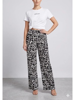 520CK Kadın Siyah Beyaz Yazlık Viskon Pantolon / Plazzo Pantolon