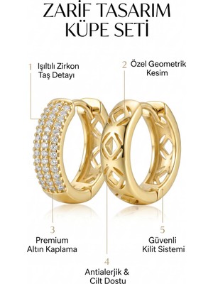Cata Zirkon Taşlı ve Geometrik Kesim 2'li Küpe Seti - Premium Altın Kaplama