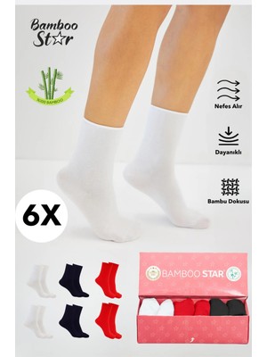 Bamboo Star Bambu Kadın Lastiksiz Beyaz-Kırmızı-Siyah Soket Dikişsiz Premium Çorap 6lı  Sıkmaz- Iz Bırakmaz Çorap