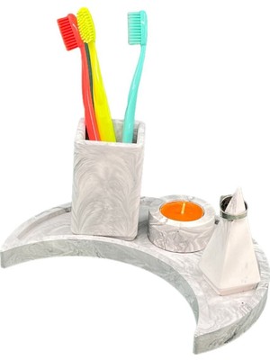 PremiumPort 4 Parça Mermer Desenli Banyo Seti, Hilal Tepsili, Şık ve Kullanışlı