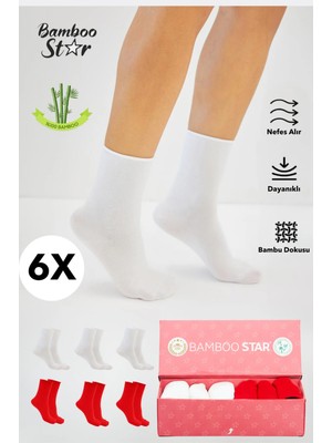 Bamboo Star Bambu Kadın Lastiksiz Kırmızı - Beyaz Soket Dikişsiz Premium Çorap 6 Lı Paket Sıkmayan Çorap - Iz Bırakmaz