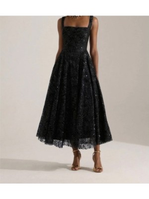 Uzer Işıltılı Simli Jacquard Dokulu Kare Yaka Couture Premium Abiye Elbise