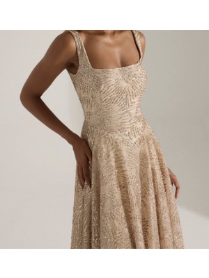 Uzer Işıltılı Simli Jacquard Dokulu Kare Yaka Couture Premium Abiye Elbise