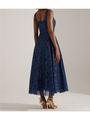 Uzer Işıltılı Simli Jacquard Dokulu Kare Yaka Couture Premium Abiye Elbise