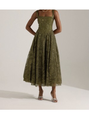 Uzer Işıltılı Simli Jacquard Dokulu Kare Yaka Couture Premium Abiye Elbise