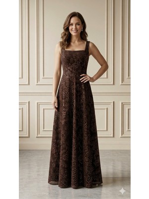 Uzer Işıltılı Simli Jacquard Dokulu Kare Yaka Couture Premium Abiye Elbise