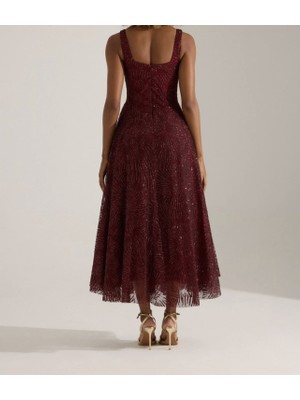 Uzer Işıltılı Simli Jacquard Dokulu Kare Yaka Couture Premium Abiye Elbise