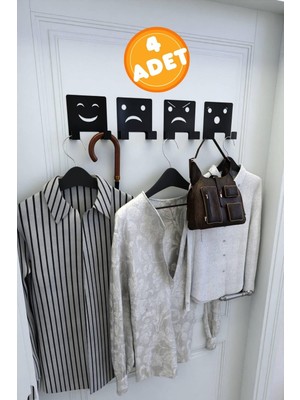 Risingmaber 4 Adet 3m Yapışkanlı Siyah Çift Kancalı Askılık, Emoji Askılar, Yüz Ifadeli Askı Seti MT124S