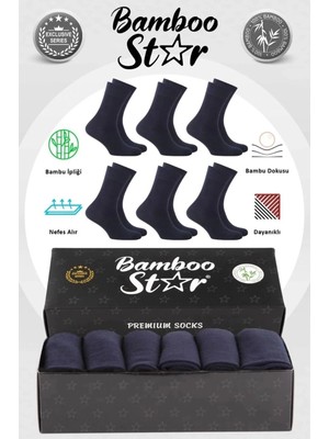 Bamboo Star Bambu Erkek Soket Uzun Düz Lacivert Dikişsiz 6'lı Premium Kutulu Çorap