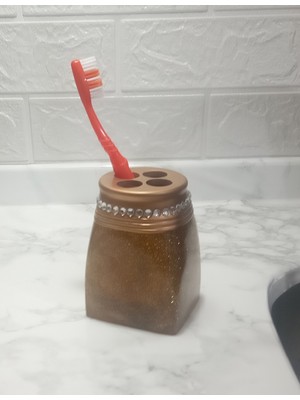 PremiumPort Şık Taşlı Altın Renkli Diş Fırçalık, Banyo Seti 7X7X10 cm