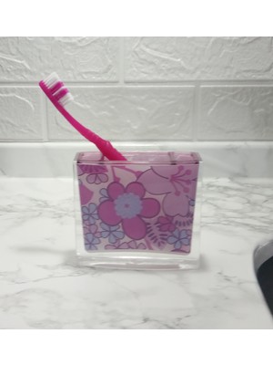 PremiumPort Pembe Çiçekli Akrilik Diş Fırçalık Banyo Seti 10X10X3 cm