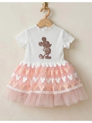 Biçomi Antialerjik Pamuklu Dokulu, Payetli Mickey Desenli Bebek Şıklığı ve Konfor Elbisesi