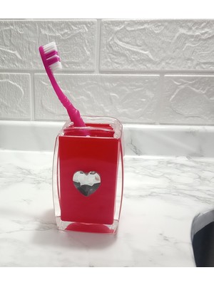 PremiumPort Kırmızı Kalpli Kristal Taşlı Akrilik Diş Fırçalık, Banyo Seti, 6X6X11CM