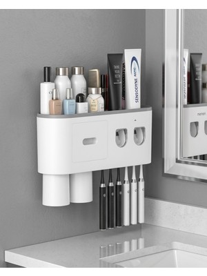 PremiumPort Çift Dispenserli Çok Fonksiyonlu Duvara Monte Diş Fırçası Tutucu