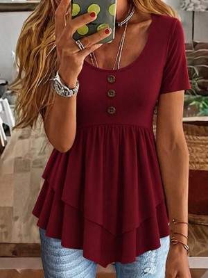 Çamaşır Kenti Kadın Kısa Kollu Yuvarlak Yakalı Düğmeli Önden Asimetrik Kesim Detaylı Viskon Bluz